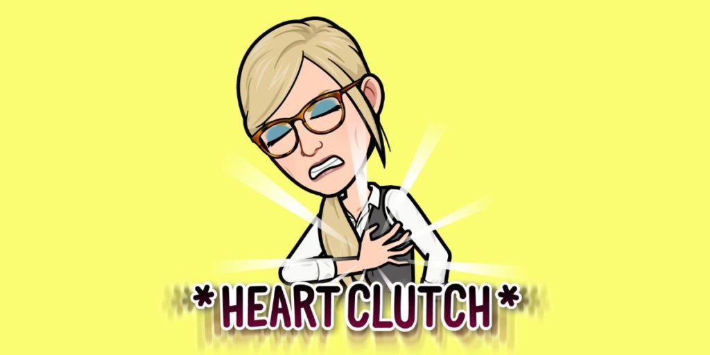 A bitmoji that looks like Daphne clutches her heart. Text reads "heart clutch."