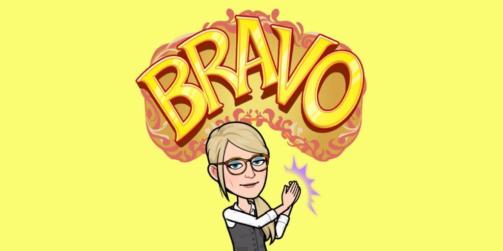 A bitmoji that looks like Daphne claps. Text reads "Bravo."